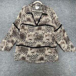 TESS Silk‎ Blouse Top Womens 2X Black Leopard Print Sheer Popover Tunic Boho